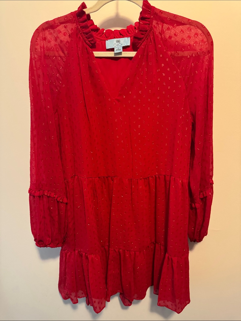 CeCe Vibrant Red Ruffle-Tiered Long Sleeve Mini Dress